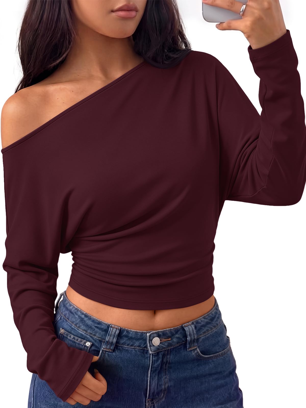 Trendy Queen Off the Shoulder Tops for Women Cinched Waist Shirts 2026 Fall