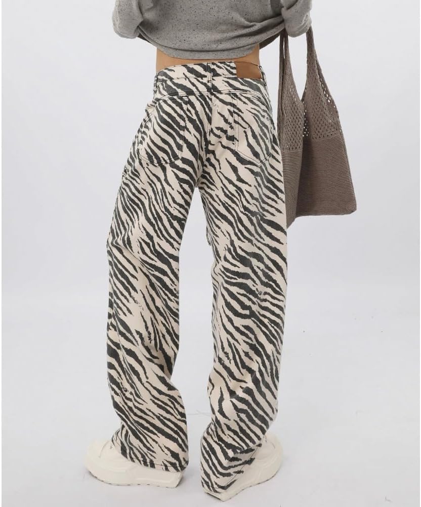 Unisex Y2K Striped Zebra Print Baggy Jeans High Waist Drawstring
