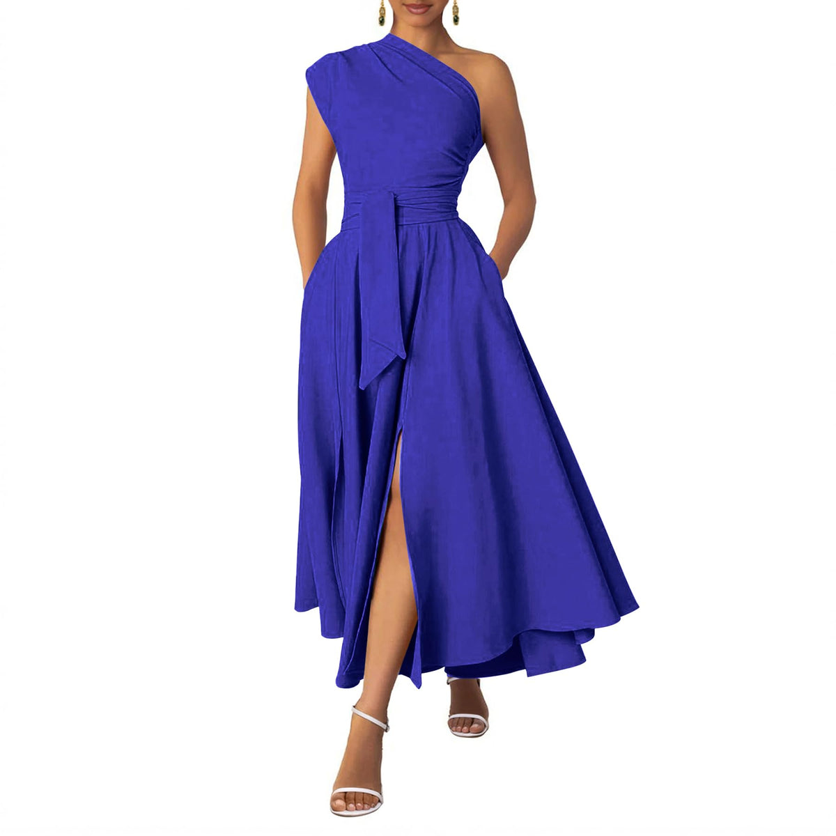 Ekaliy Women's One Shoulder Belted Maxi Dress Formal Wedding Guest Dress