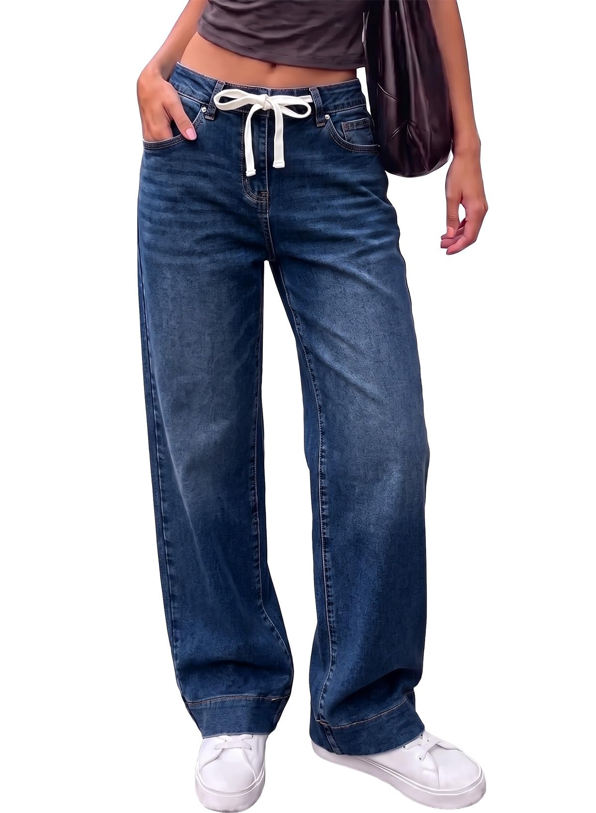 Sidefeel Women's High Waisted Straight Leg Jeans Drawstring Denim Pants