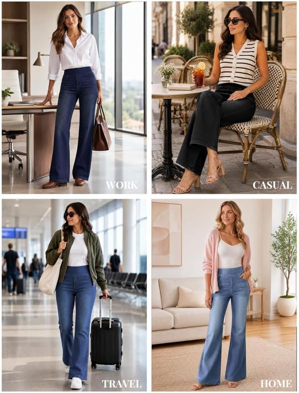 DLOODA Trendy Flare Jeans for Women Pull On Bootcut Stretchy Denim Pants