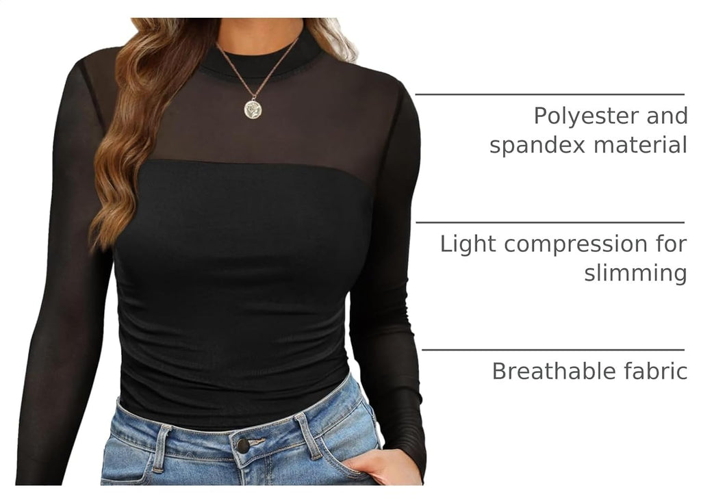 Womens Sexy Mesh Long Sleeve Shirts Fashion Clothing Turtle Necks Sheer Ruched Going Out Tops Fall Outfits Slim Fit Blouses