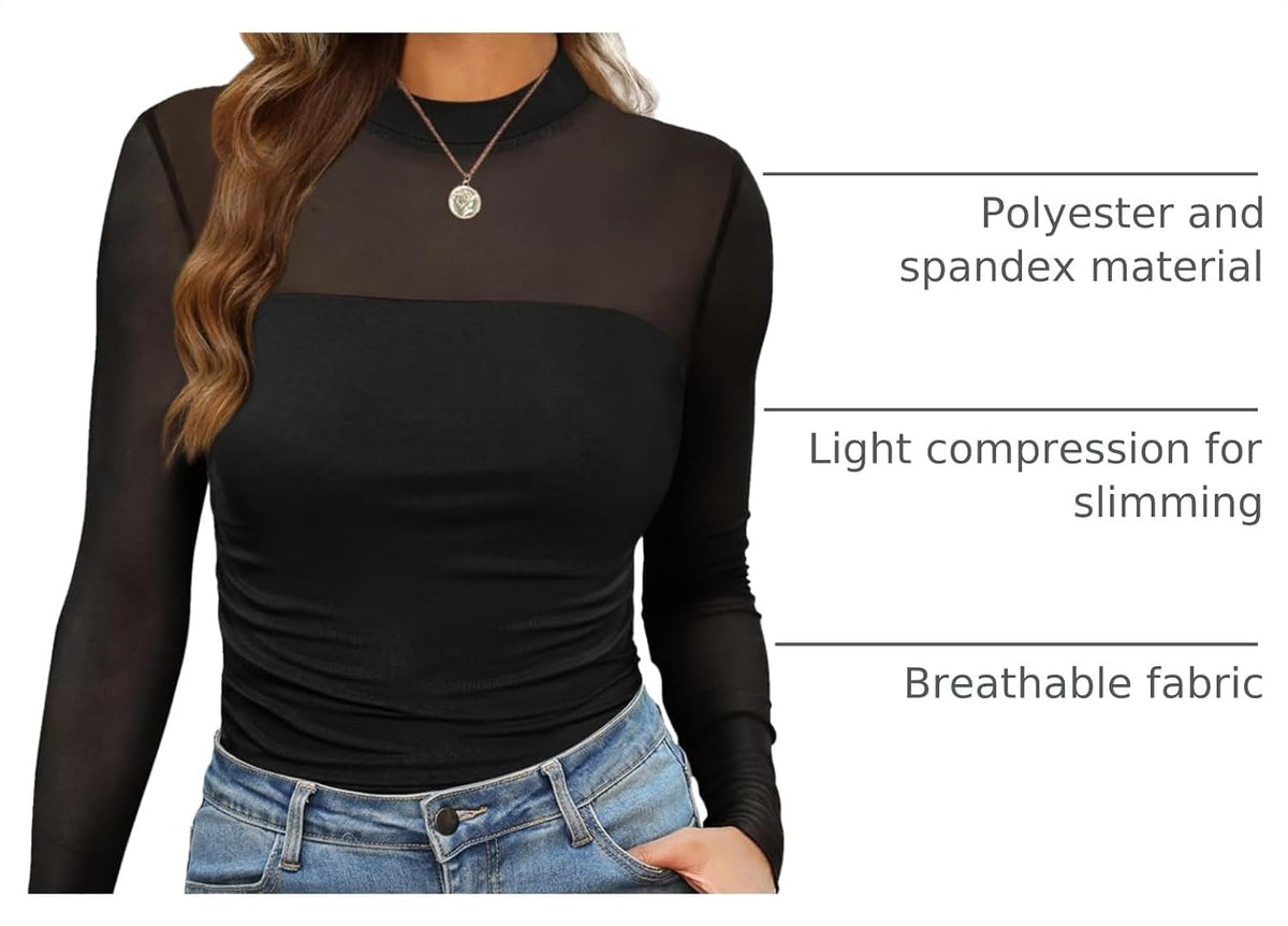 Womens Sexy Mesh Long Sleeve Shirts Fashion Clothing Turtle Necks Sheer Ruched Going Out Tops Fall Outfits Slim Fit Blouses