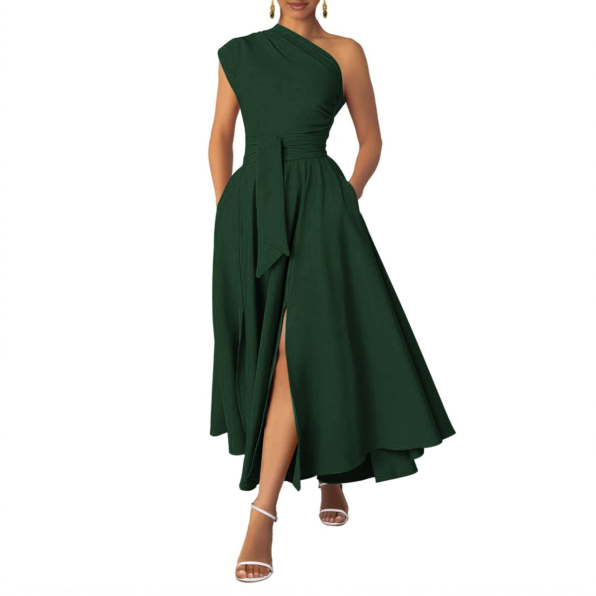Ekaliy Women's One Shoulder Belted Maxi Dress Formal Wedding Guest Dress