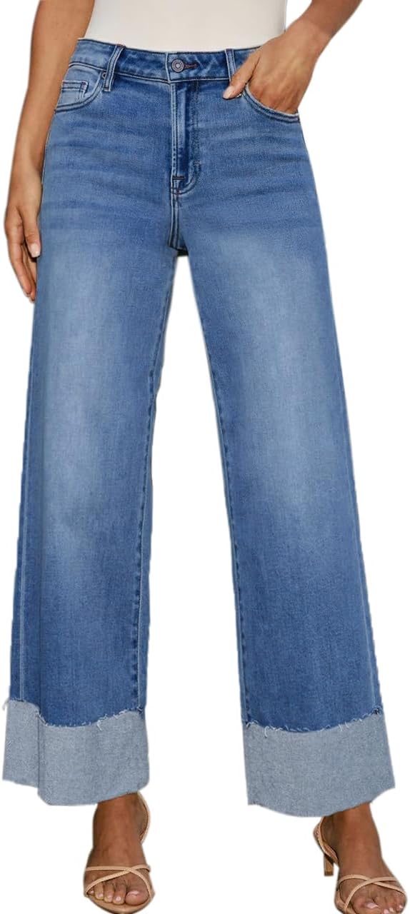 High Waisted Wide Leg Cuffed Jeans for Women Frayed Raw Hem 2026
