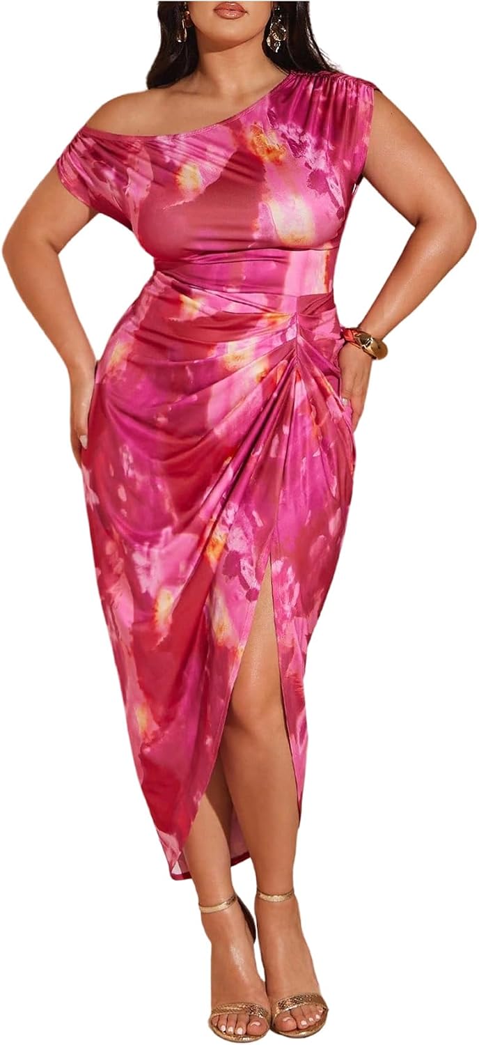 Floerns Women's Plus Size Asymmetrical Neck Ruched Slit Hem Cocktail Dress