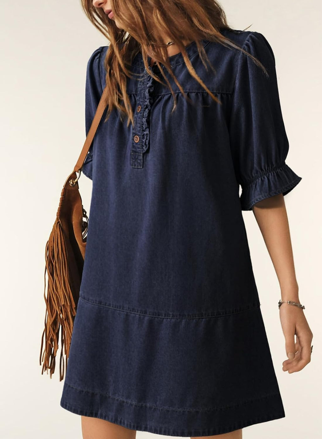 Dokotoo Women's Denim Dress Ruffle Short Sleeve Button Cowgirl Jean Dress
