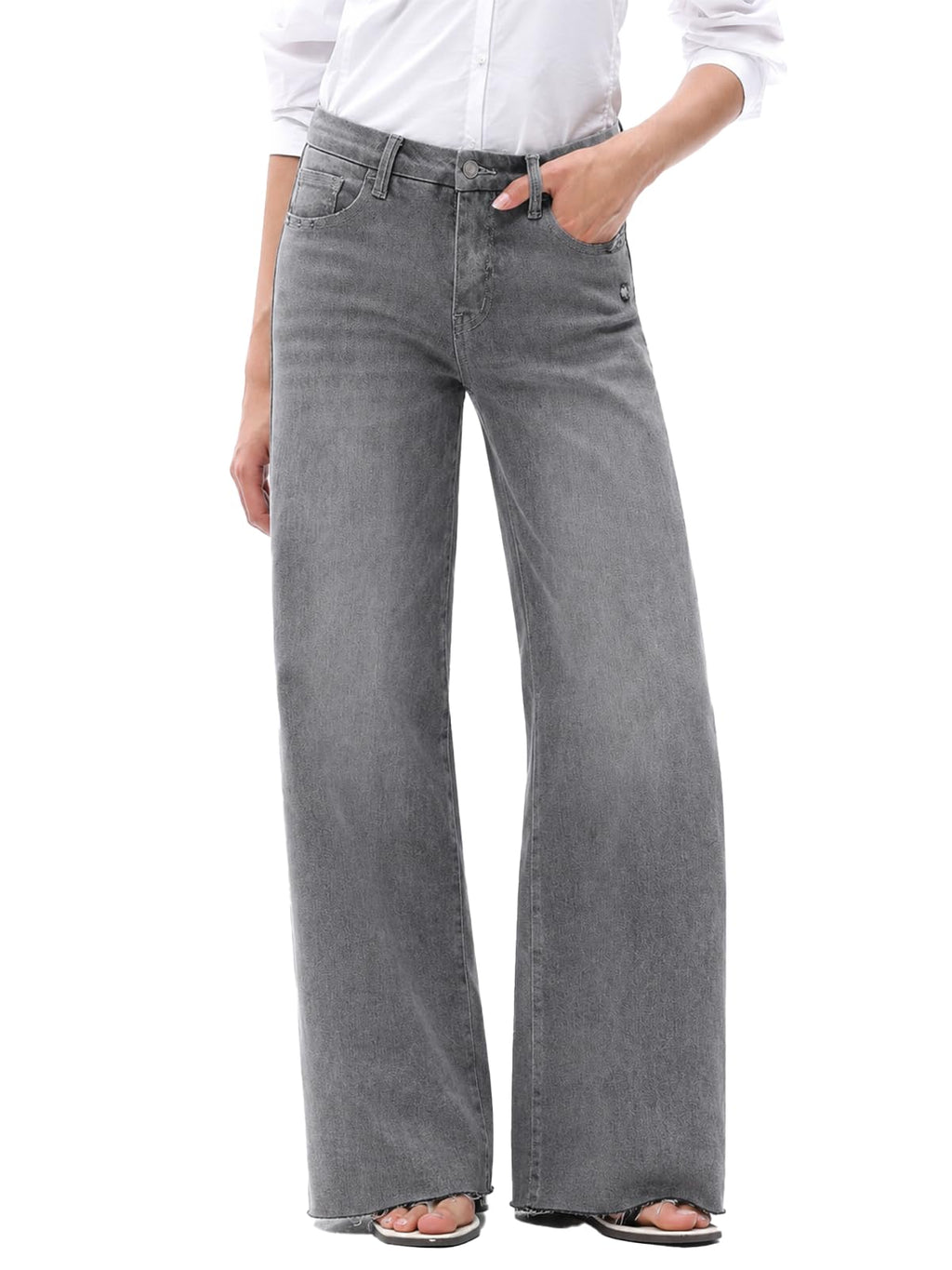 ONESO Women's Wide Leg Jeans Mid Rise High Stretch Denim Pants Raw Hem
