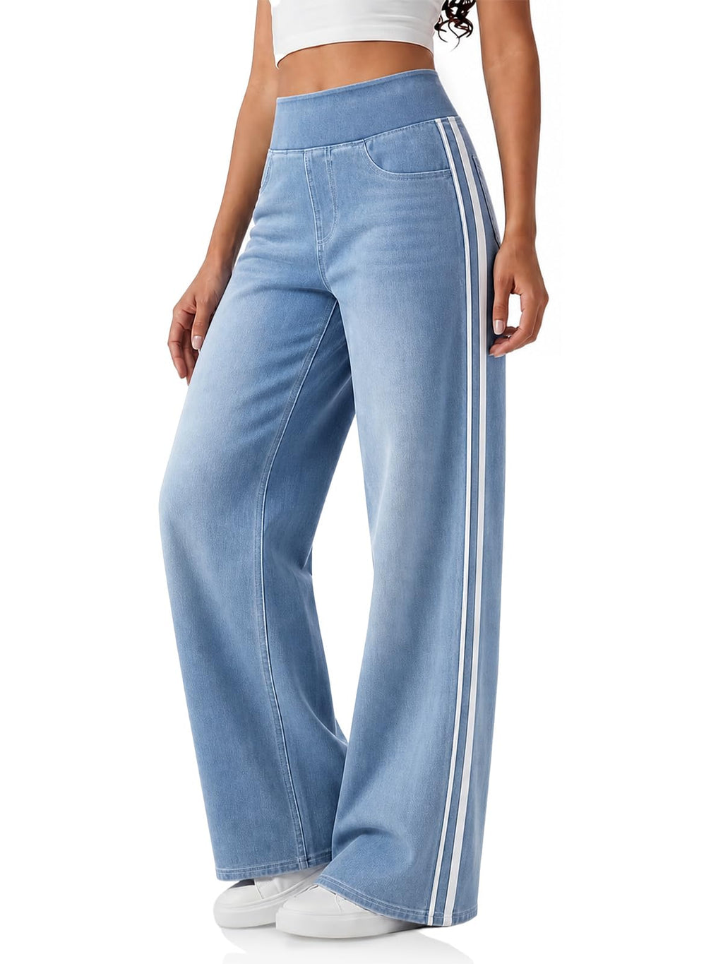 Cicy Bell Womens Pull On Jeans Wide Leg Stretchy Side Striped Denim Pants