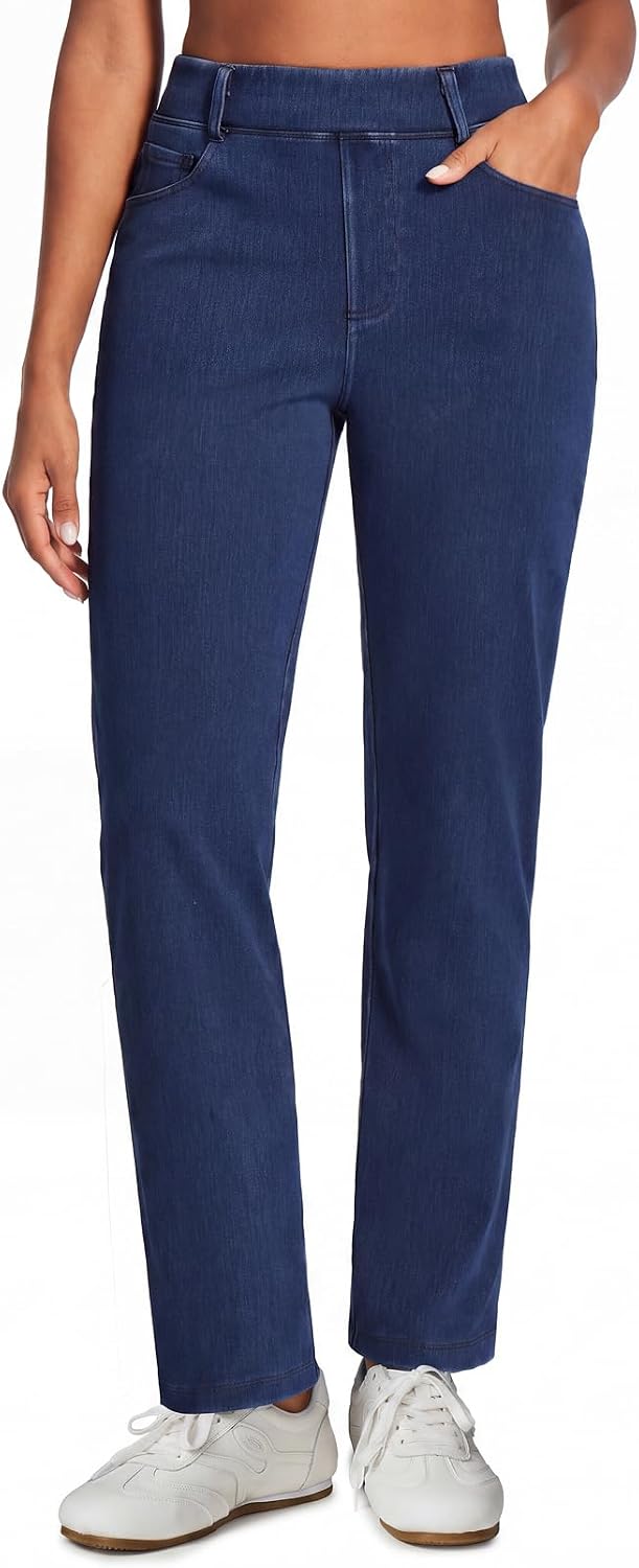 Stretchy Straight Leg Jeans for Women Trendy High Waisted Pull On Pants
