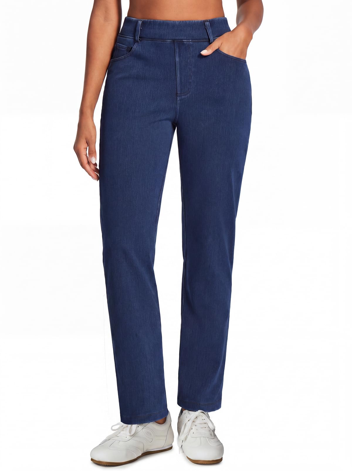 Stretchy Straight Leg Jeans for Women Trendy High Waisted Pull On Pants