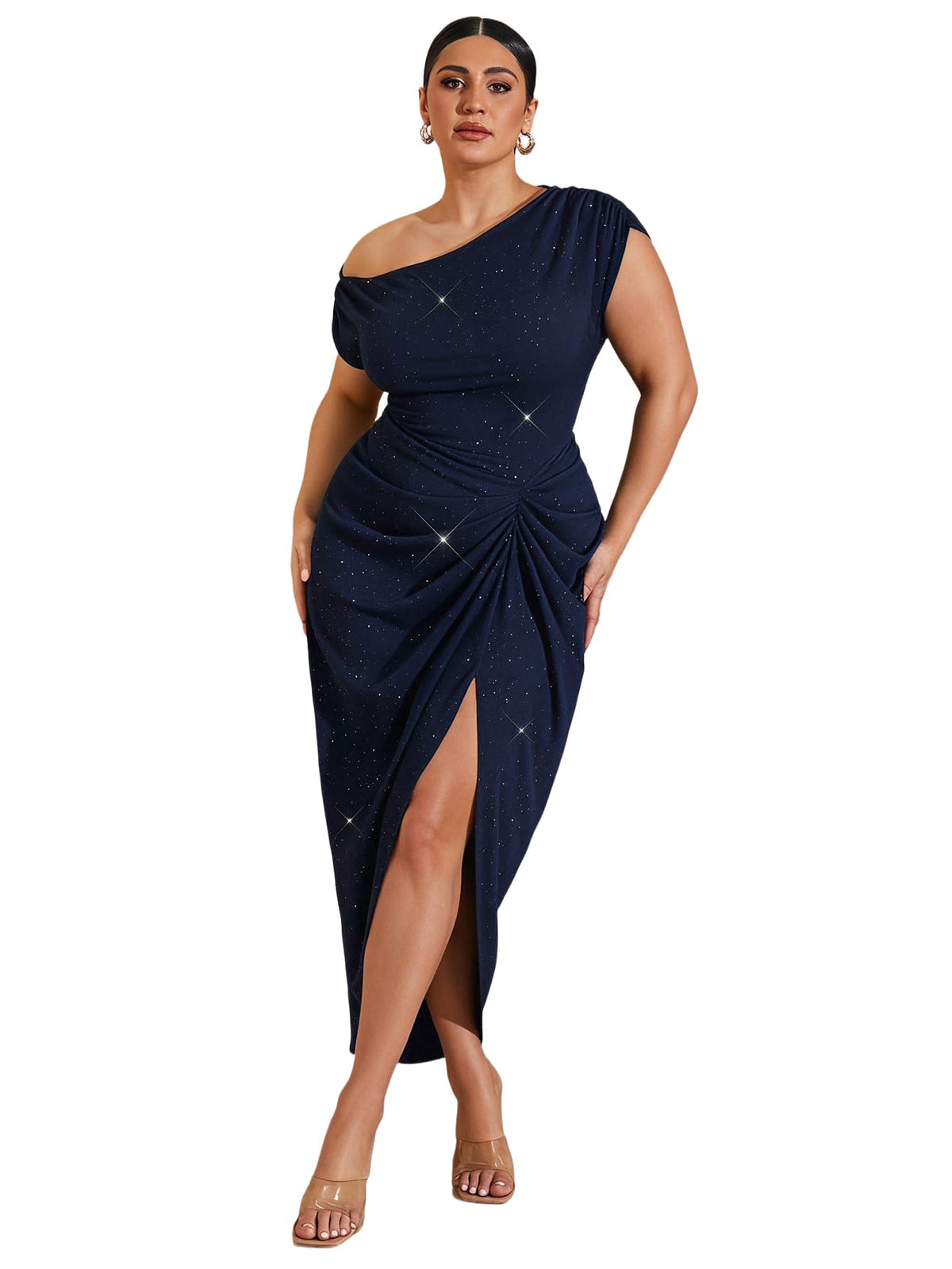 Floerns Women's Plus Size Asymmetrical Neck Ruched Slit Hem Cocktail Dress
