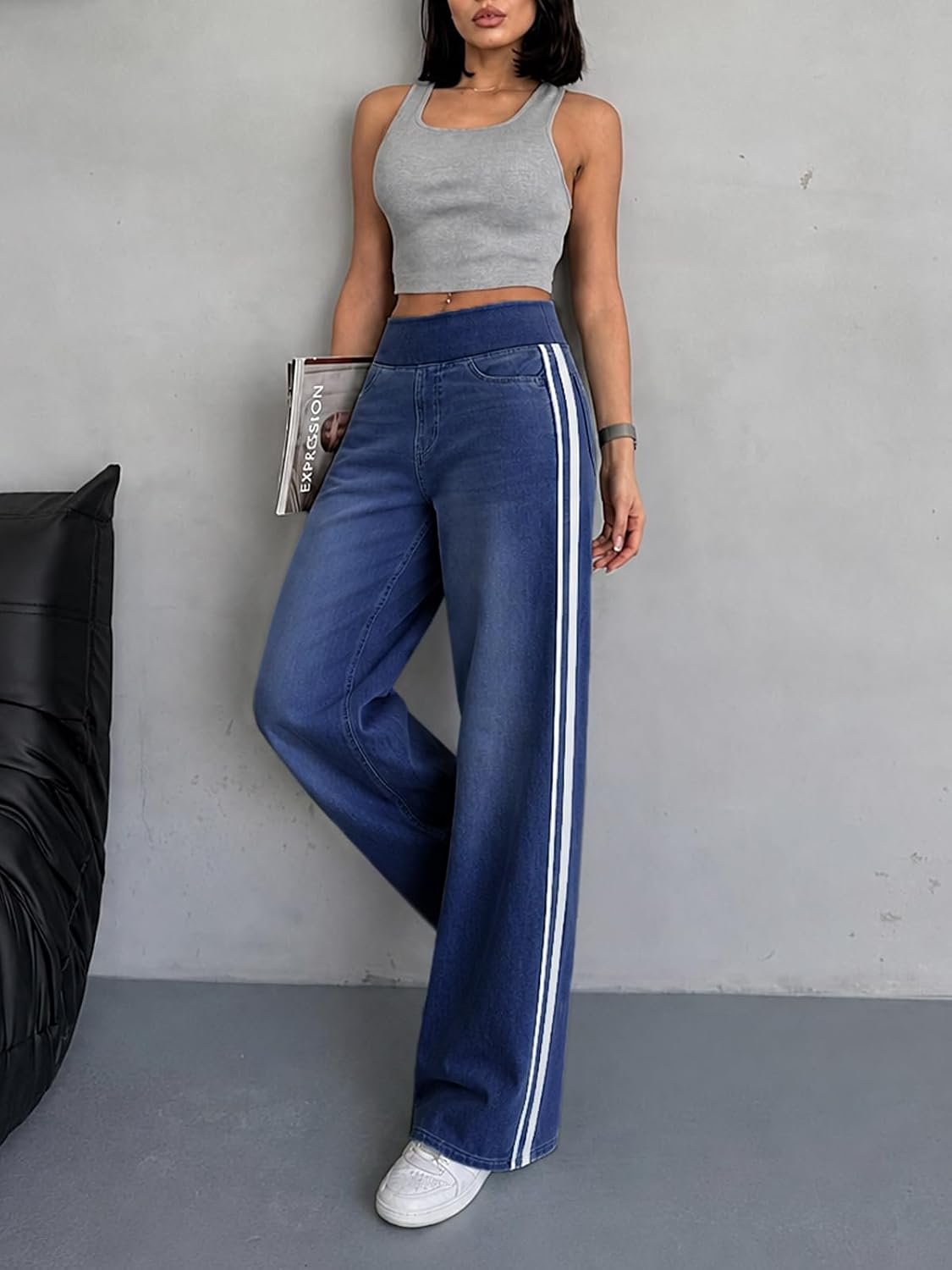 Cicy Bell Womens Pull On Jeans Wide Leg Stretchy Side Striped Denim Pants