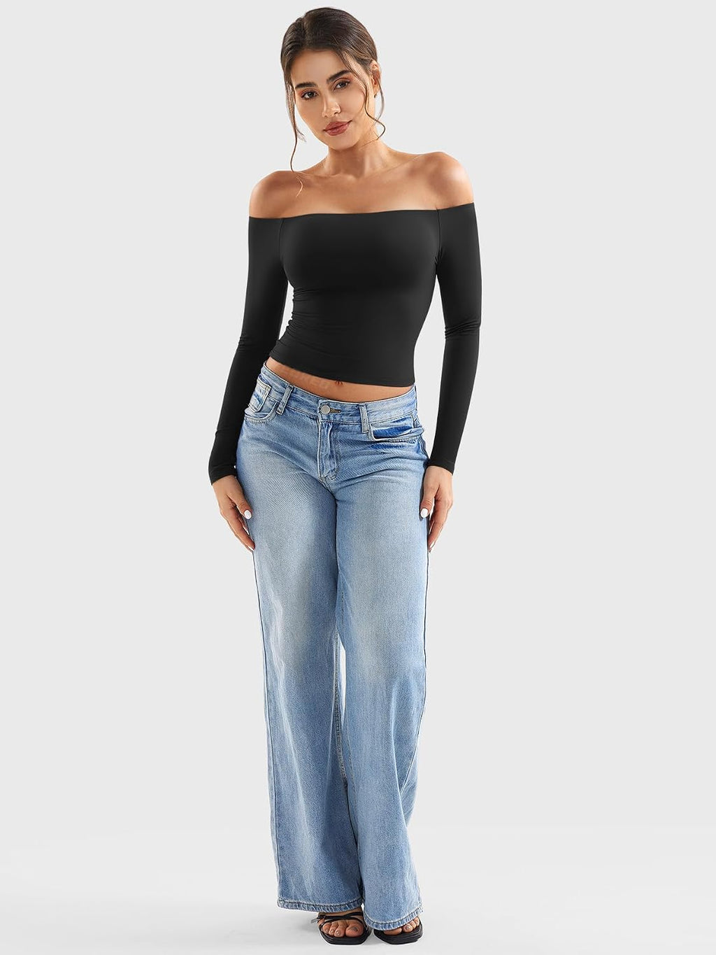 YEOREO Ease Women Off Shoulder Long Sleeve Shirts Double Lined Basic Top