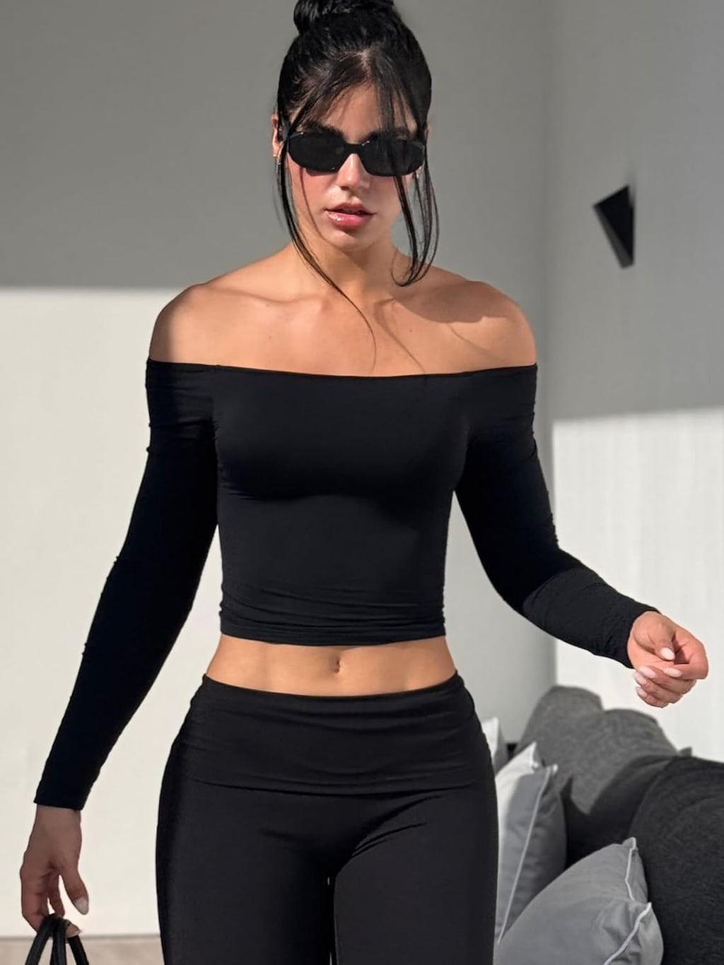 YEOREO Ease Women Off Shoulder Long Sleeve Shirts Double Lined Basic Top