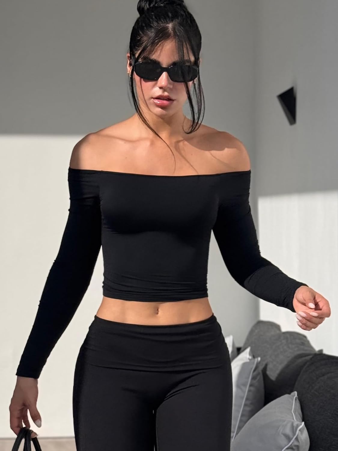 YEOREO Ease Women Off Shoulder Long Sleeve Shirts Double Lined Basic Top