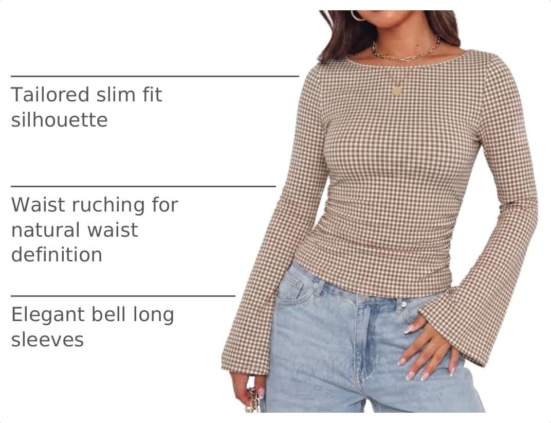 WIHOLL Bell Sleeve Tops for Women Boat Neck Ruched Ribbed Long Sleeve Fall Shirts for Women 2026