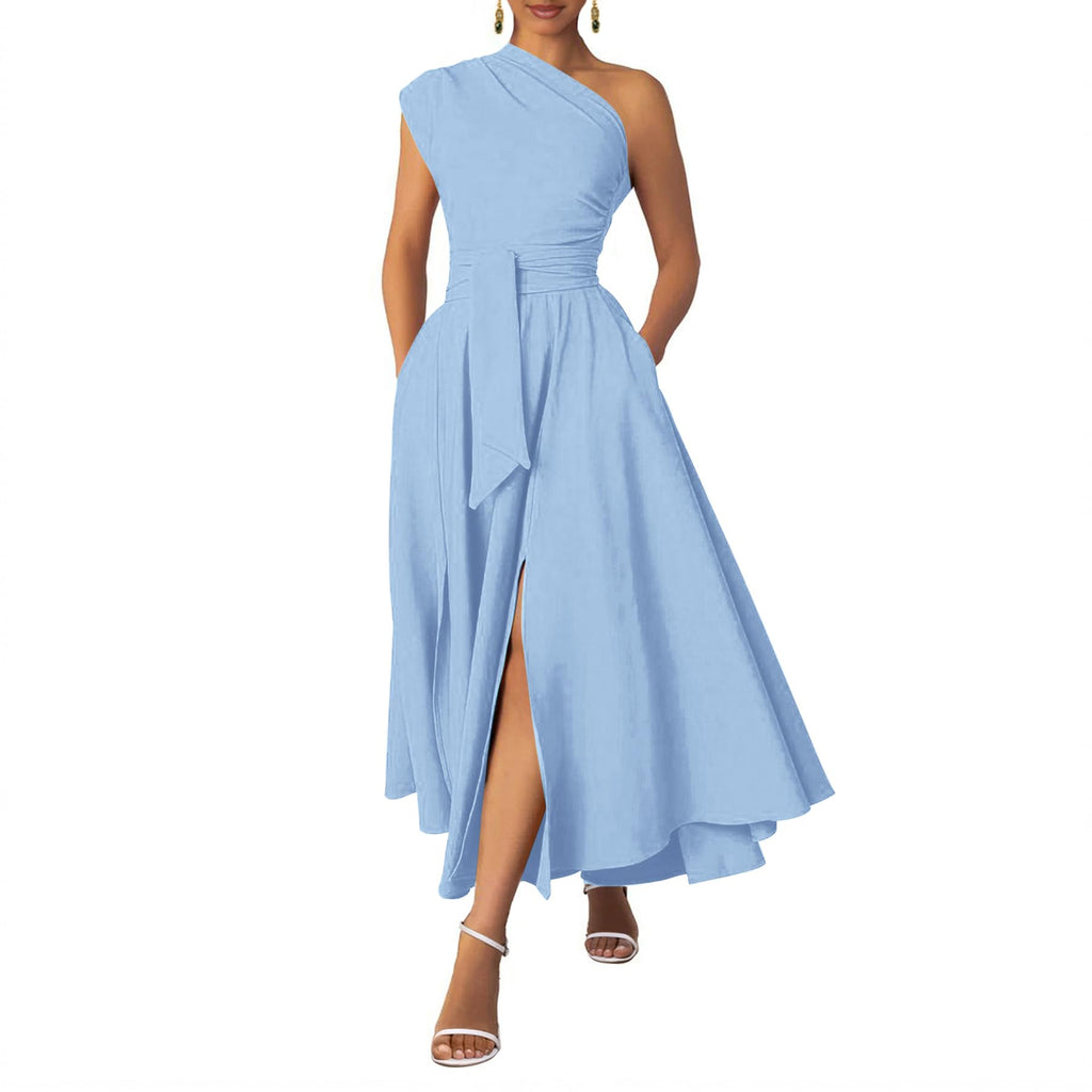 Ekaliy Women's One Shoulder Belted Maxi Dress Formal Wedding Guest Dress