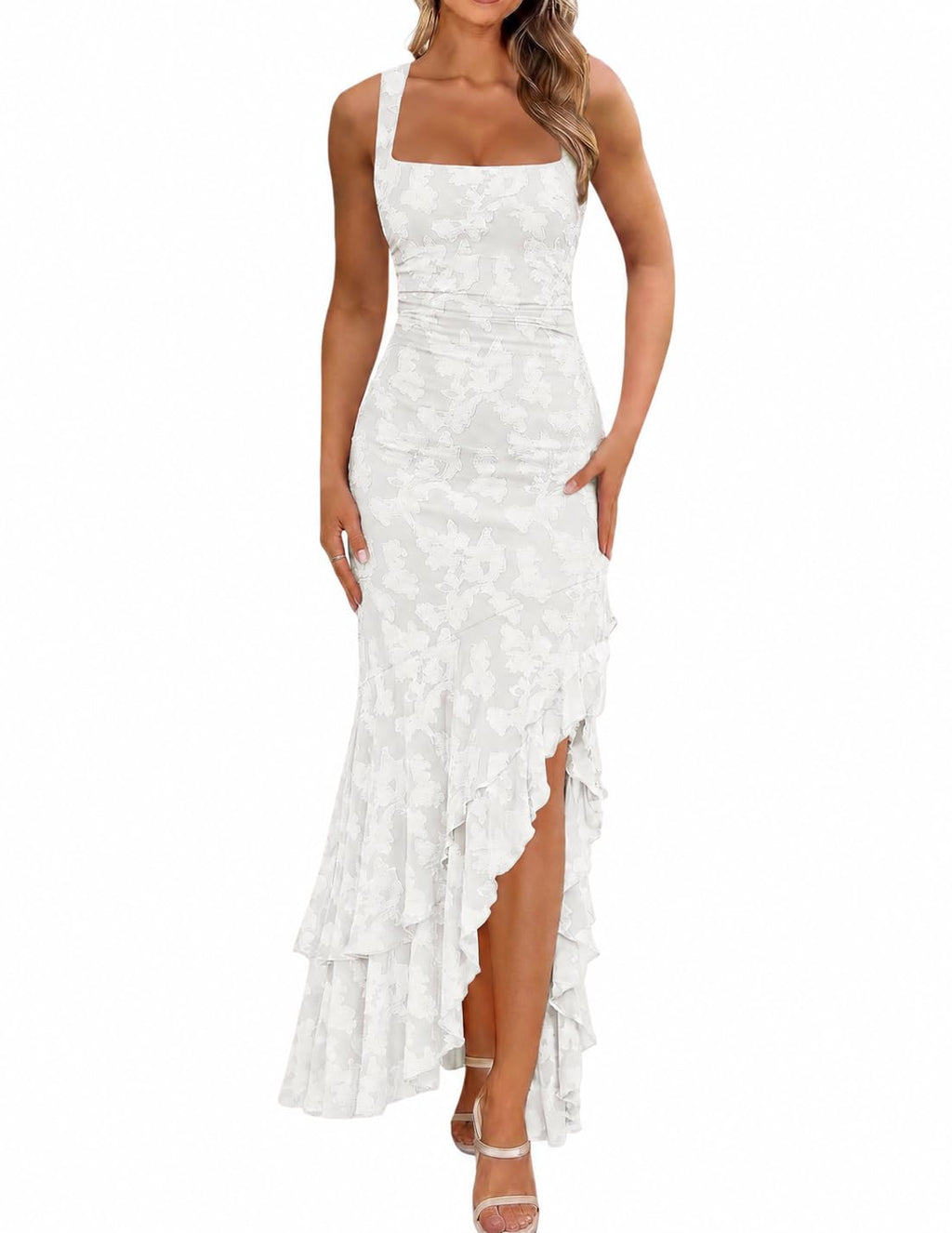 BORIFLORS Women's Elegant Ruched Floral Maxi Wedding Guest Dress