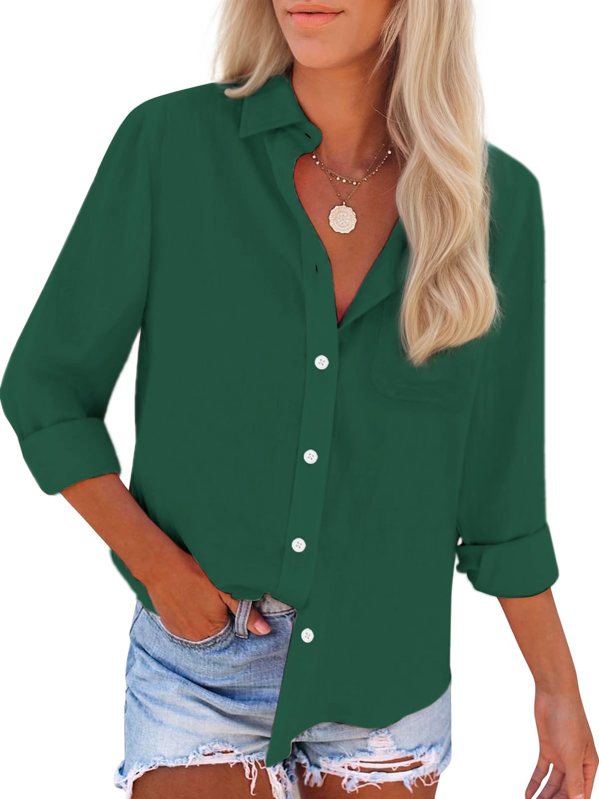 Womens Button Down Shirts Cotton Dress Shirts Oxford Shirts Long Sleeve Work Blouses Collared Tops Tunics with Pocket