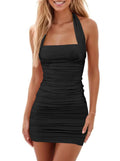 oten Women's Sexy Halter Backless Ruched Bodycon Mini Dress Short Homecoming Club Party Night Out Dresses
