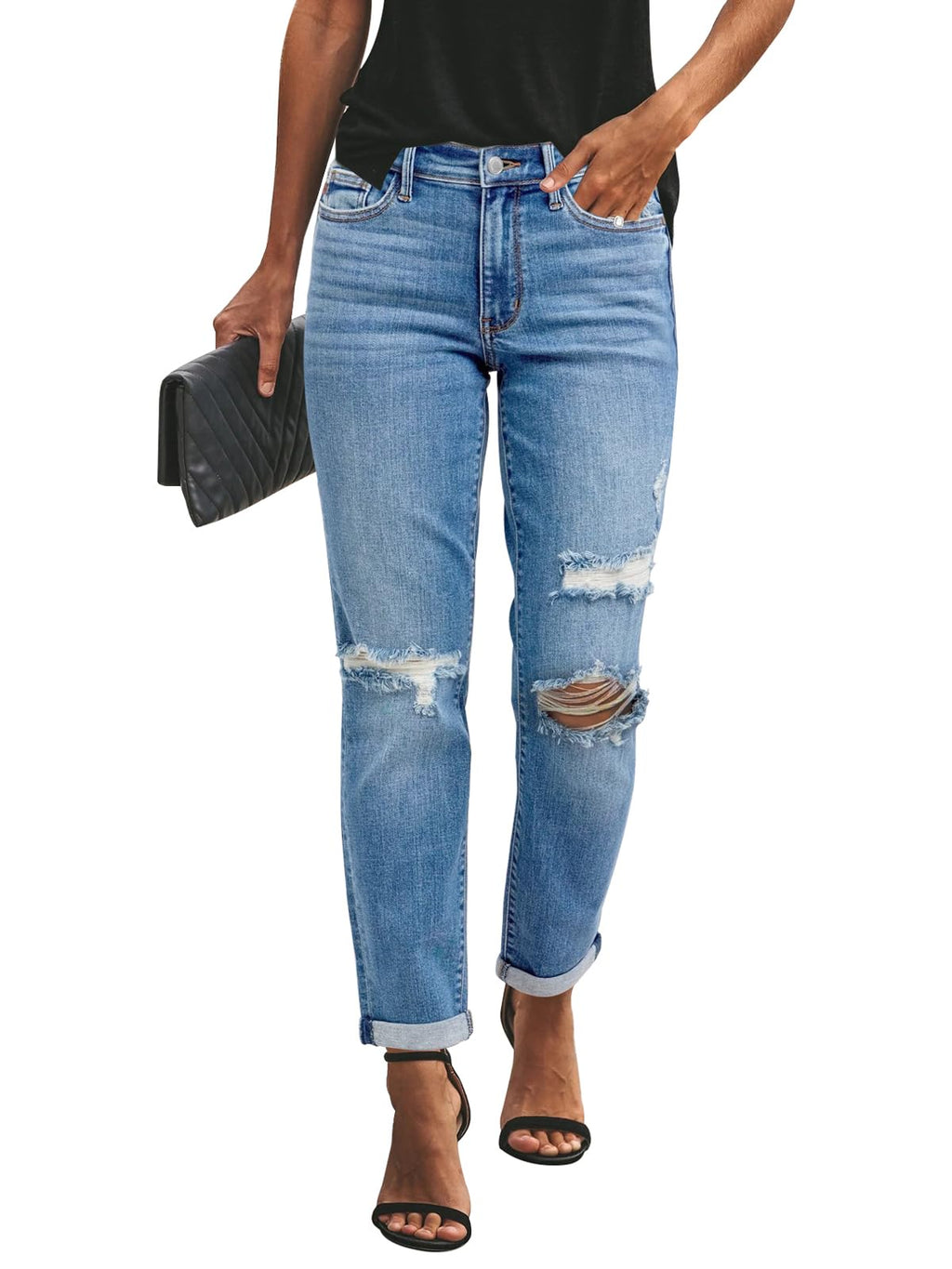 KUNMI Women's Ripped Mid Waisted Boyfriend Jeans Loose Fit Distressed Stretchy Denim Pants