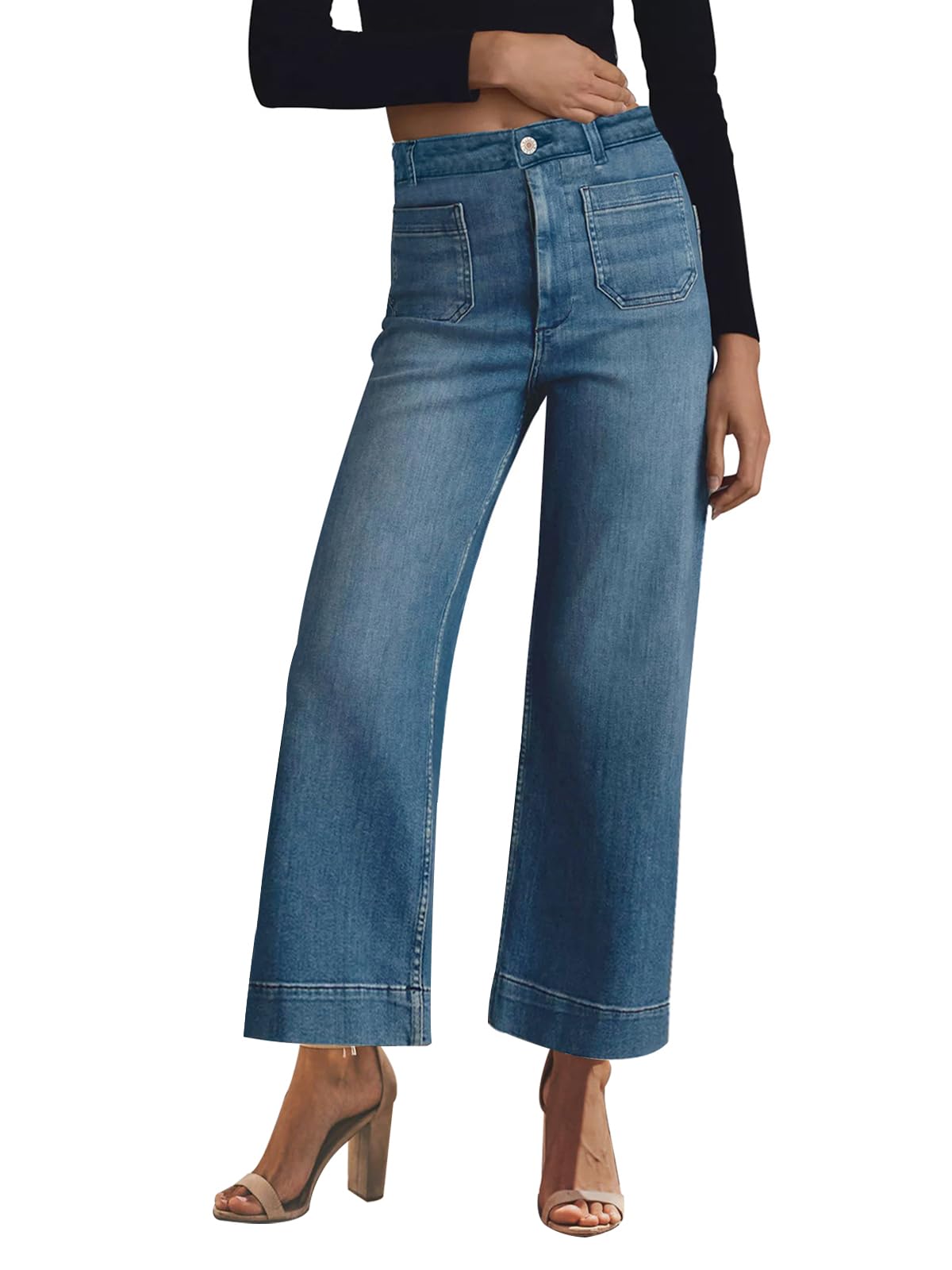 KUNMI Women's Wide Leg Jeans High Waisted Straight Leg Stretchy Denim Pants with Pockets