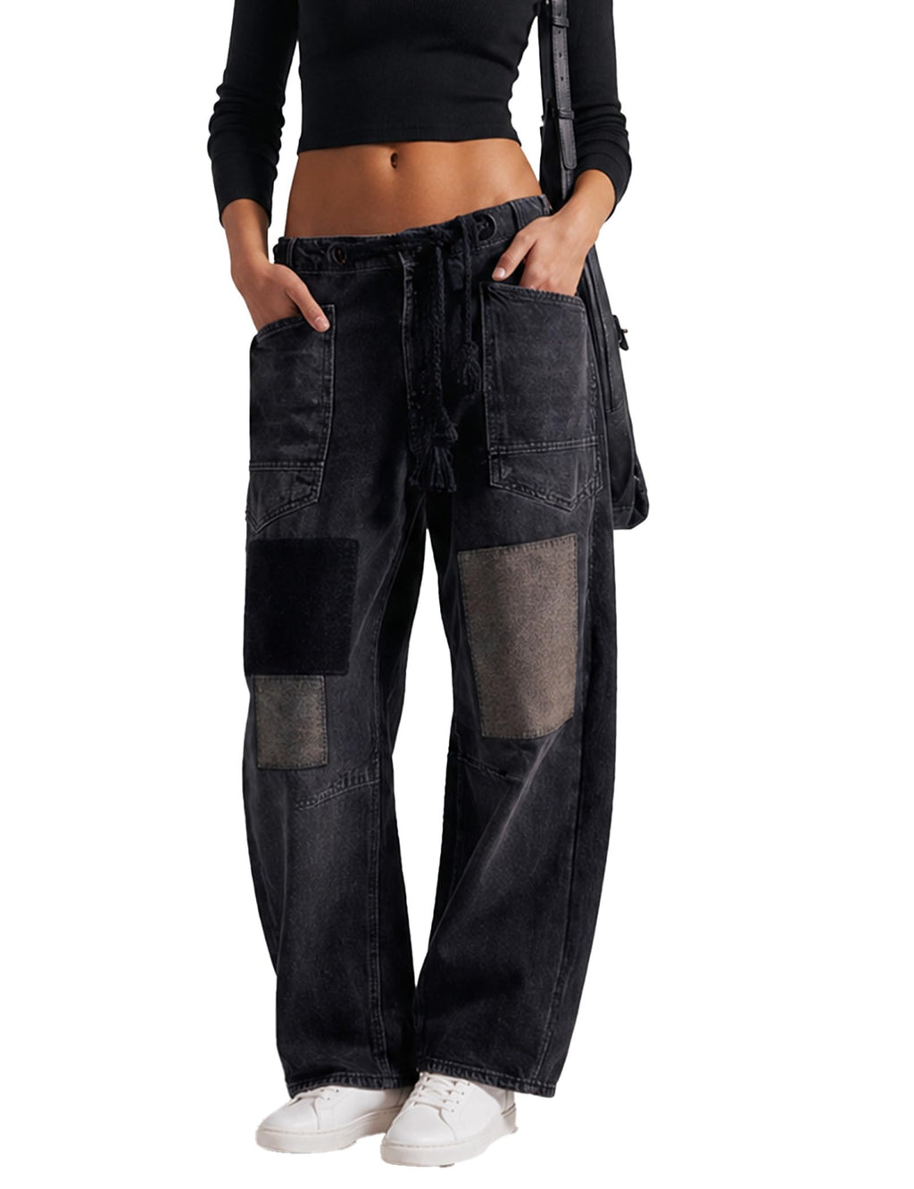 Mewunan Womens Pull-On Barrel Jeans Mid-Low Rise Boyfriend Drawstring Ankle Baggy Elastic Waist Stretchy Boho Denim Pants