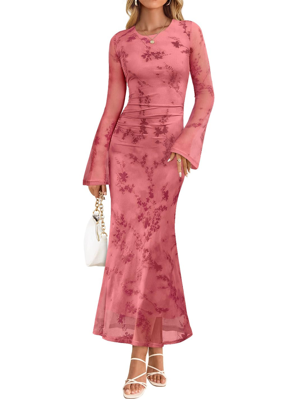 ZESICA Womens Long Sleeve Floral Fall Bodycon Ruched Mesh Maxi Formal Dress