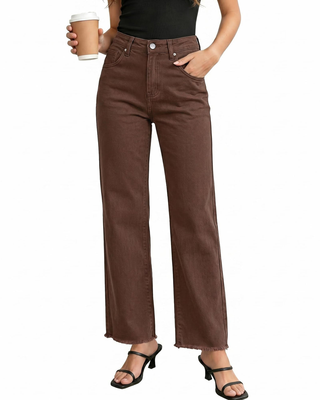 GRAPENT Straight Leg Jeans for Women High Waisted Stretchy Frayed Raw Hem Loose Denim Pants Casual Baggy Jean Trousers