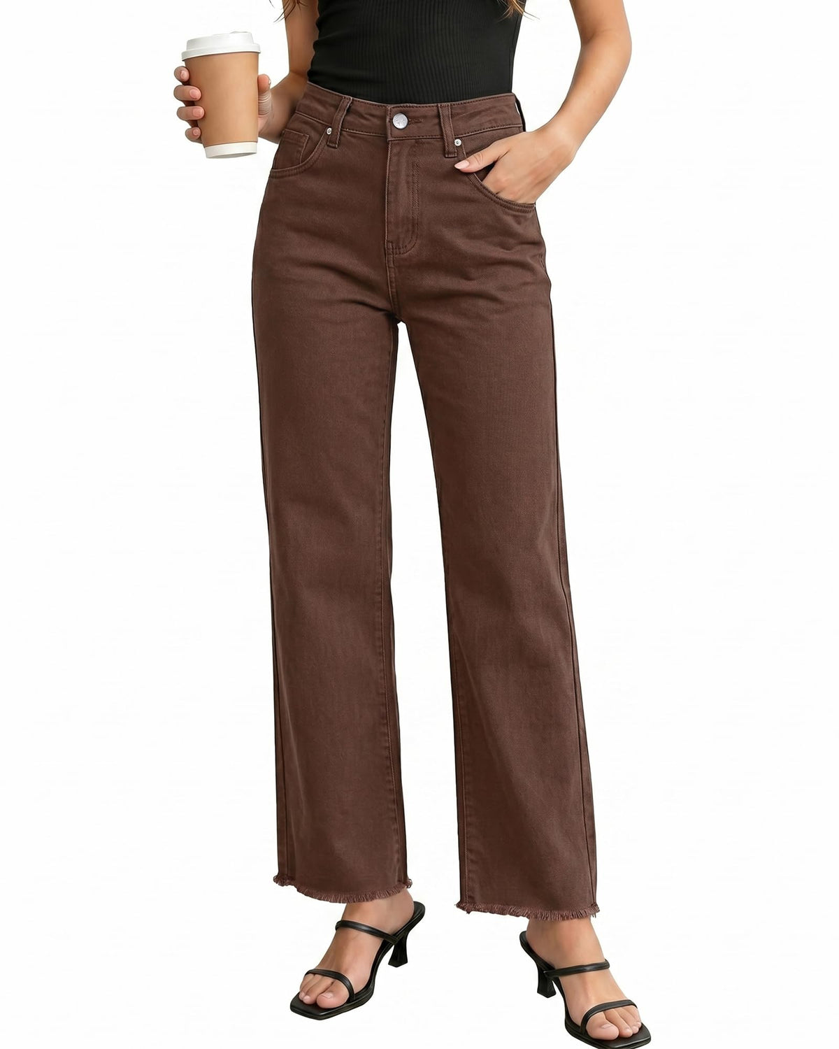 GRAPENT Straight Leg Jeans for Women High Waisted Stretchy Frayed Raw Hem Loose Denim Pants Casual Baggy Jean Trousers