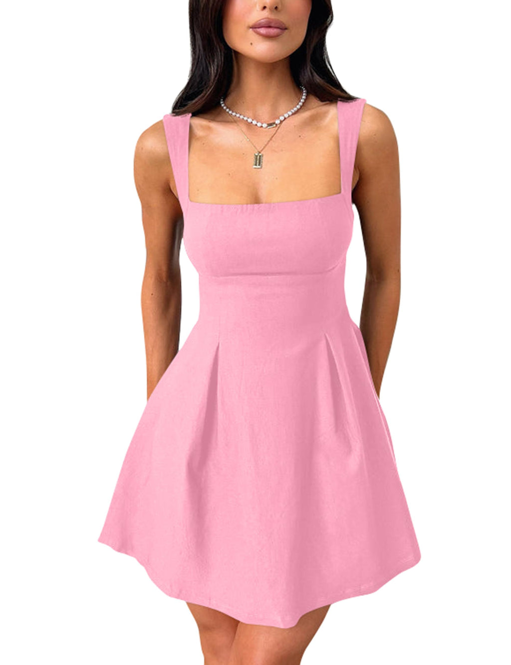YMDUCH Women's Sleeveless Square Neck Bow Tie A-line Mini Dress