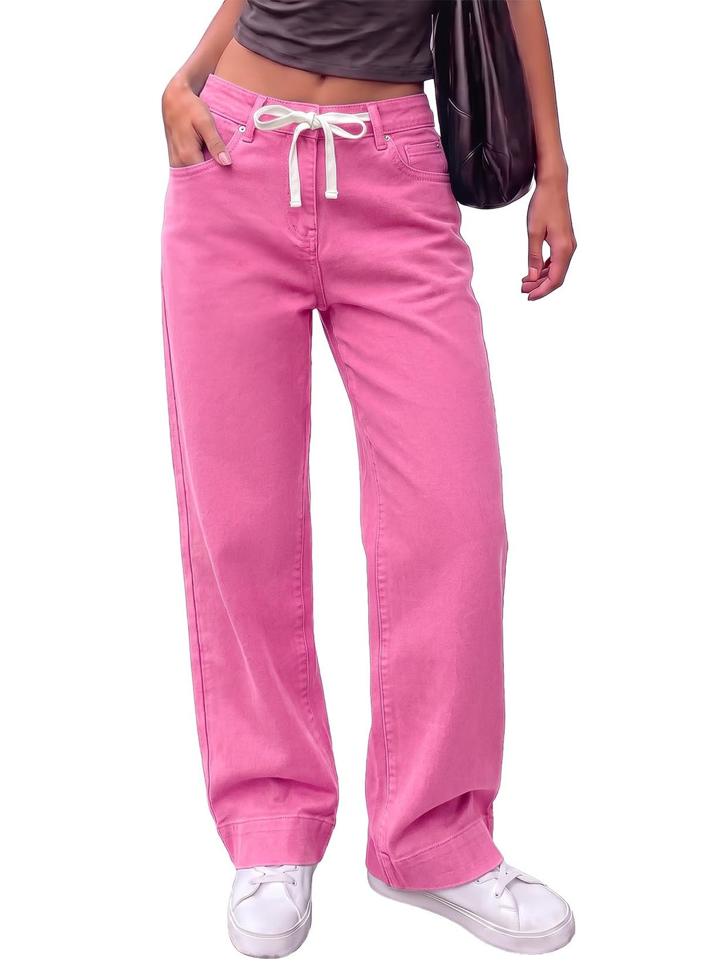 Sidefeel Women's High Waisted Straight Leg Jeans Drawstring Denim Pants