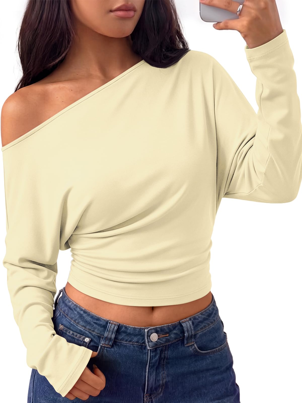 Trendy Queen Off the Shoulder Tops for Women Cinched Waist Shirts 2026 Fall