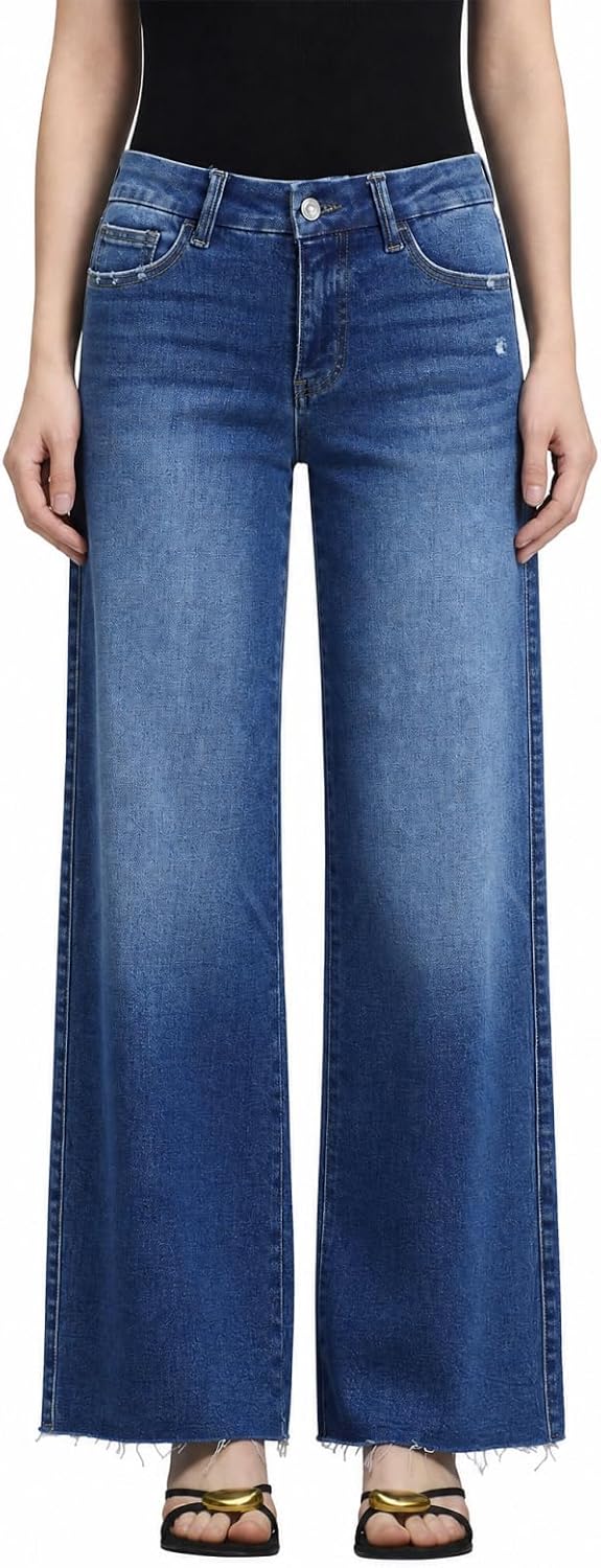 ONESO Women's Wide Leg Jeans Mid Rise High Stretch Denim Pants Raw Hem
