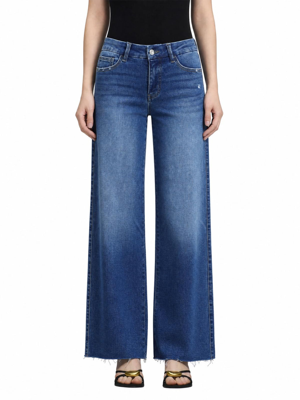 ONESO Women's Wide Leg Jeans Mid Rise High Stretch Denim Pants Raw Hem