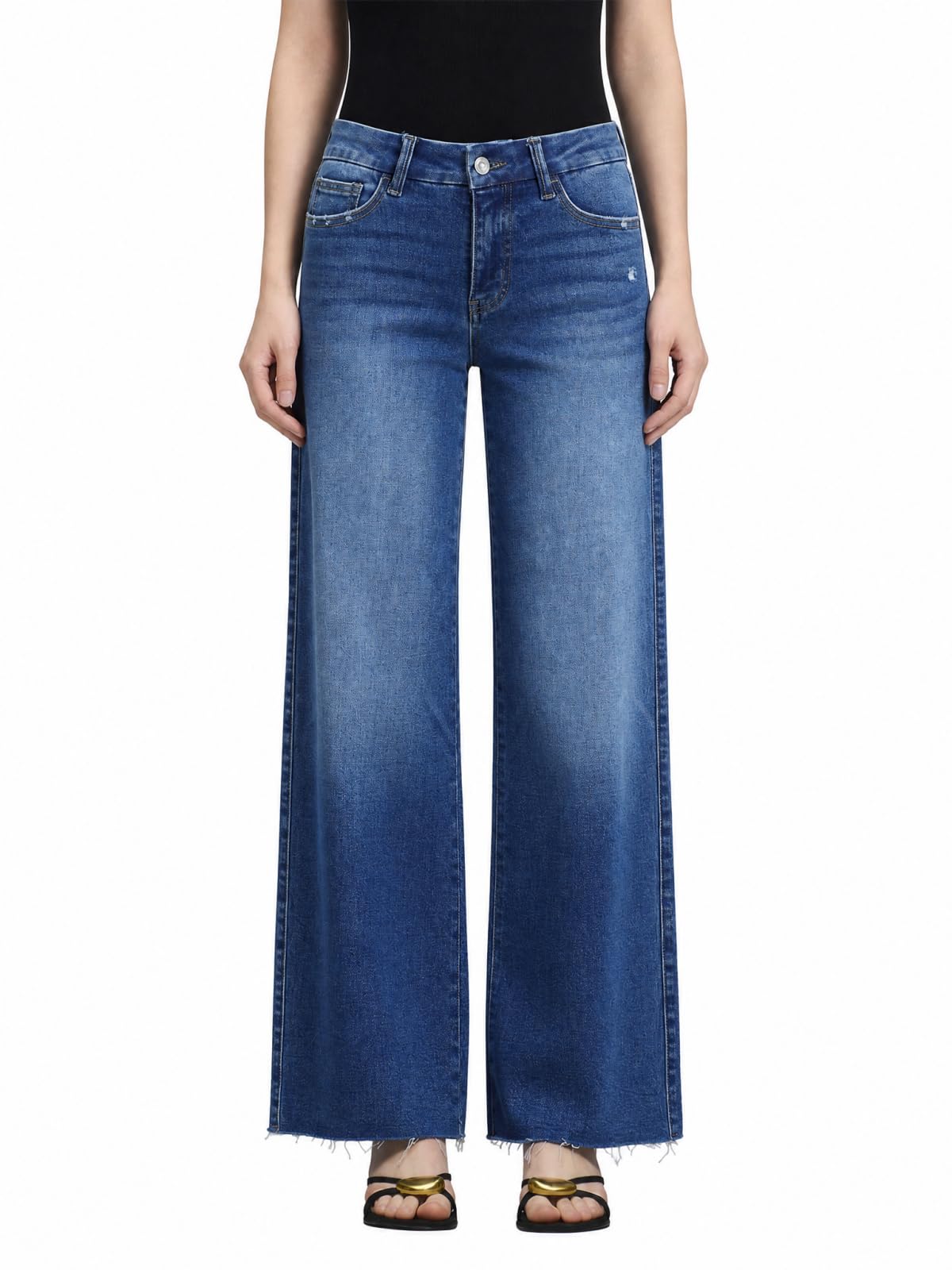 ONESO Women's Wide Leg Jeans Mid Rise High Stretch Denim Pants Raw Hem