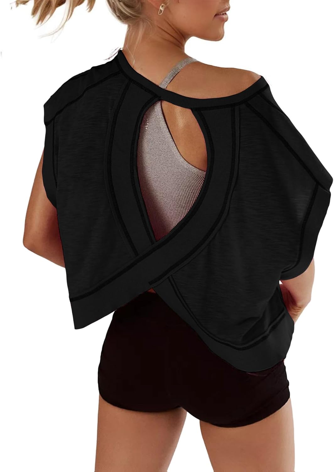 Open Back Tops for Women Oversized Short Sleeve Workout T Shirts Backless Y2k Athletic Crop Running Tees