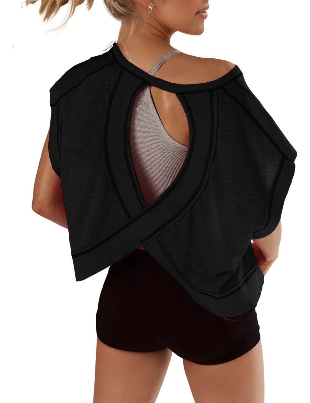 Open Back Tops for Women Oversized Short Sleeve Workout T Shirts Backless Y2k Athletic Crop Running Tees