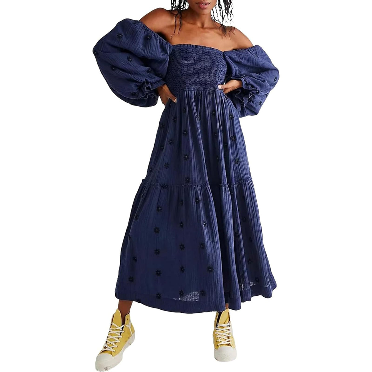 ABYOVRT Women Floral Embroidered Maxi Dress Long Puff Sleeve Square Neck Bohemian Flowy Dress with Pockets Summer Fall