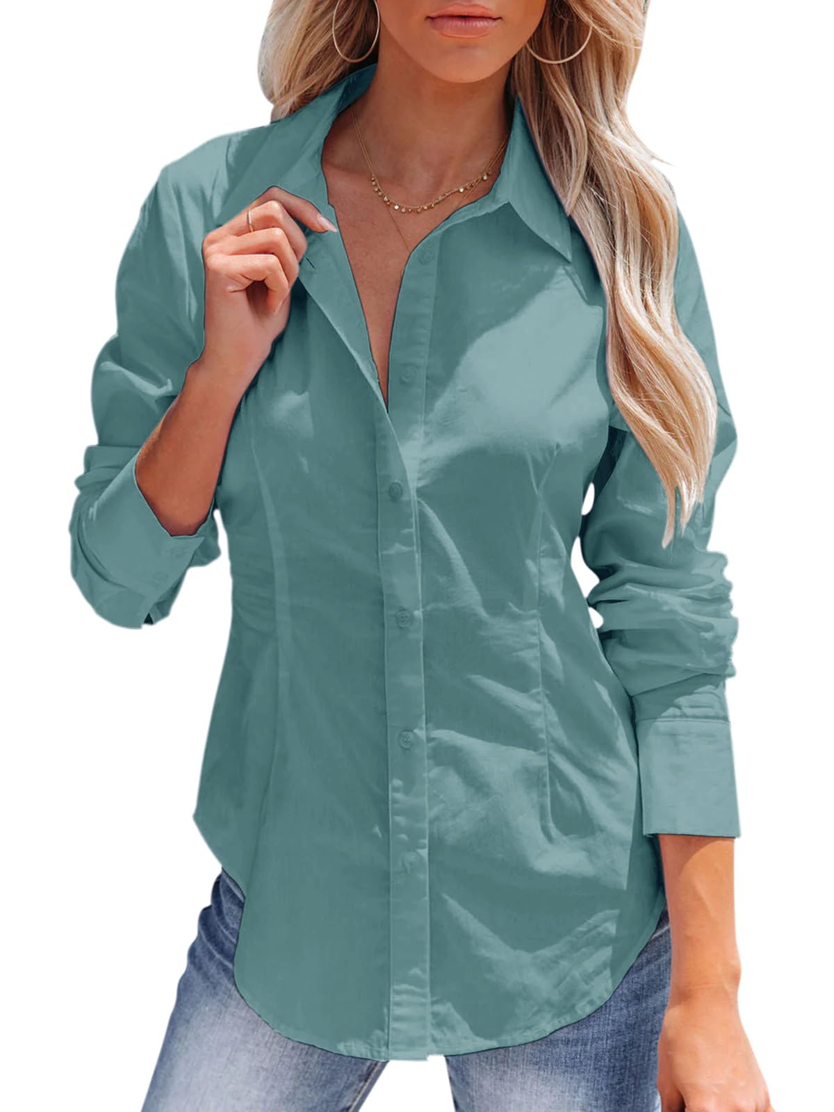 siliteelon Women's Button Down Shirts Long Sleeve Dress Shirts Wrinkle Free Collared Work Office Solid Blouses Corset Tops