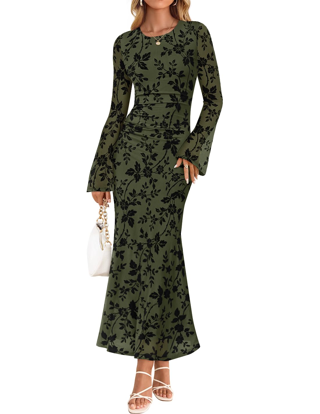 ZESICA Womens Long Sleeve Floral Fall Bodycon Ruched Mesh Maxi Formal Dress