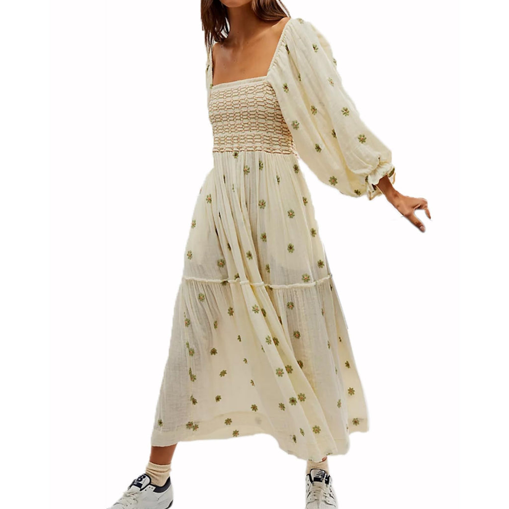 ABYOVRT Women Floral Embroidered Maxi Dress Long Puff Sleeve Square Neck Bohemian Flowy Dress with Pockets Summer Fall