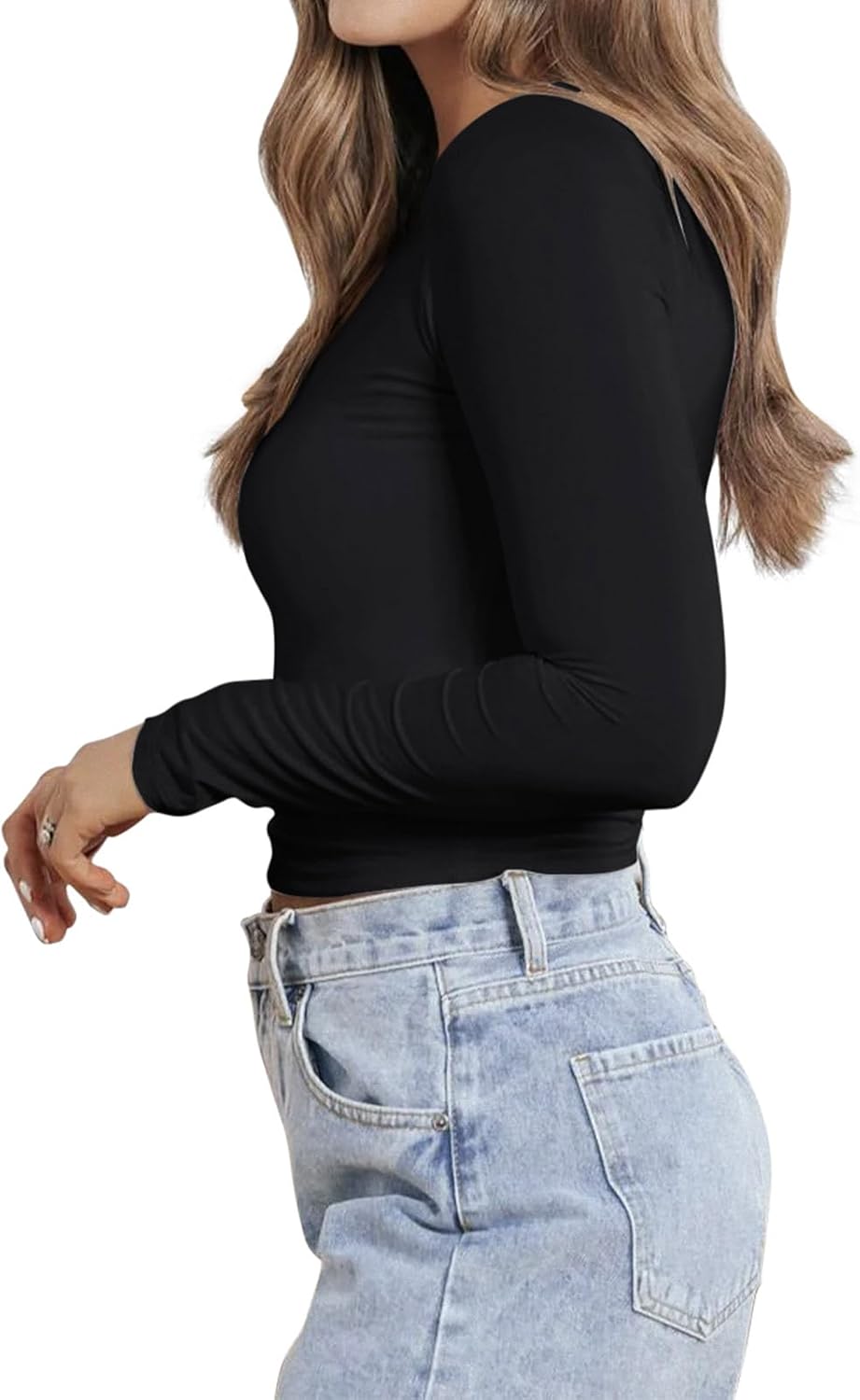 PINKMSTYLE Women Sexy V Neck Lace Long Sleeve Shirts Basic Fitted Double Lined Going Out Y2K Trendy Fall Tops