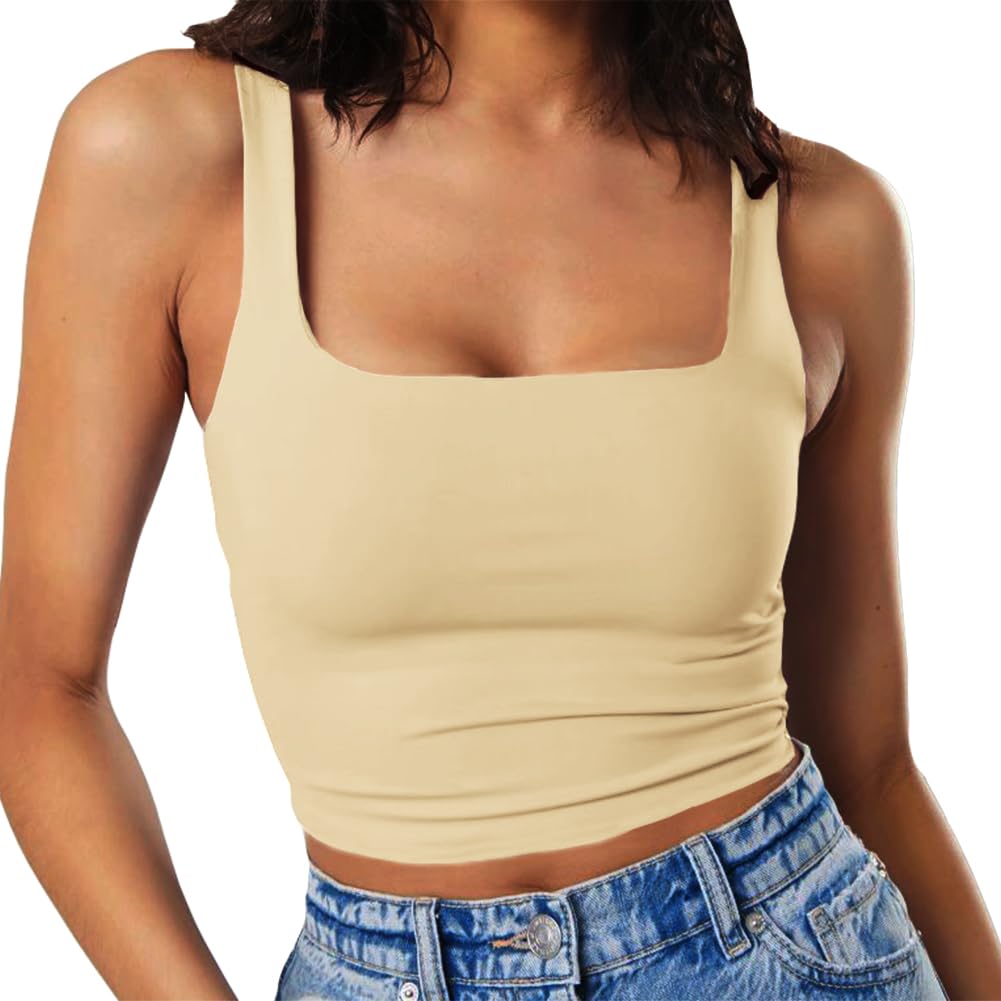 Artfish Women's Sleeveless Strappy Tank Square Neck Double Layer Workout Fitness Casual Basic Crop Tops