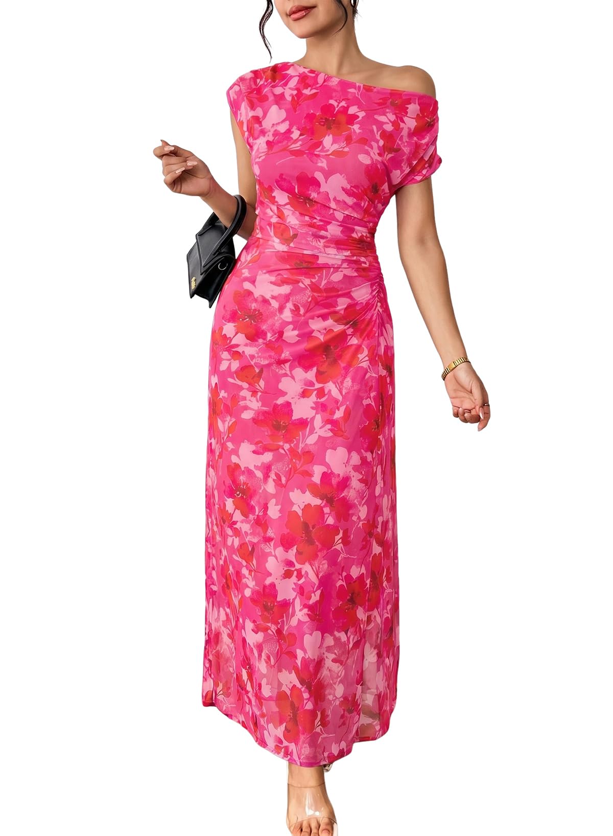 BLENCOT Women's Floral Off Shoulder Wedding Guest Dress Party Gown
