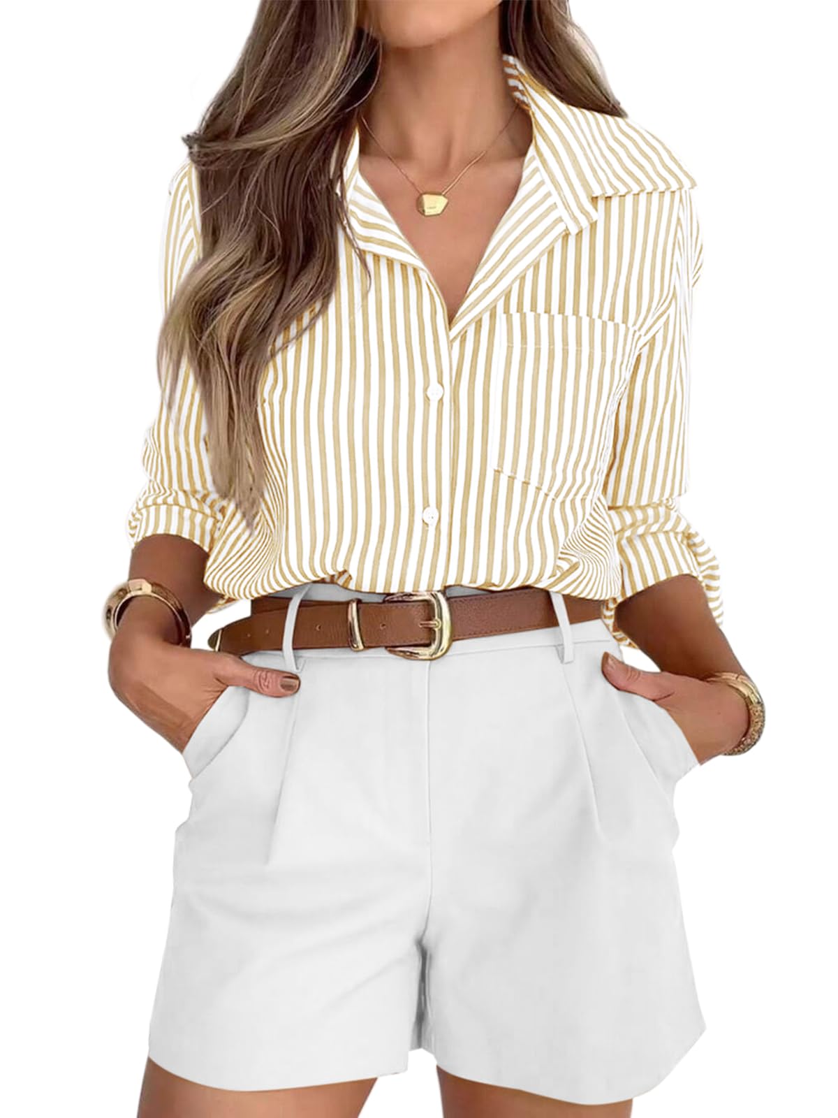 siliteelon Button Down Striped Shirts for Women Work Collared Dress Blouses