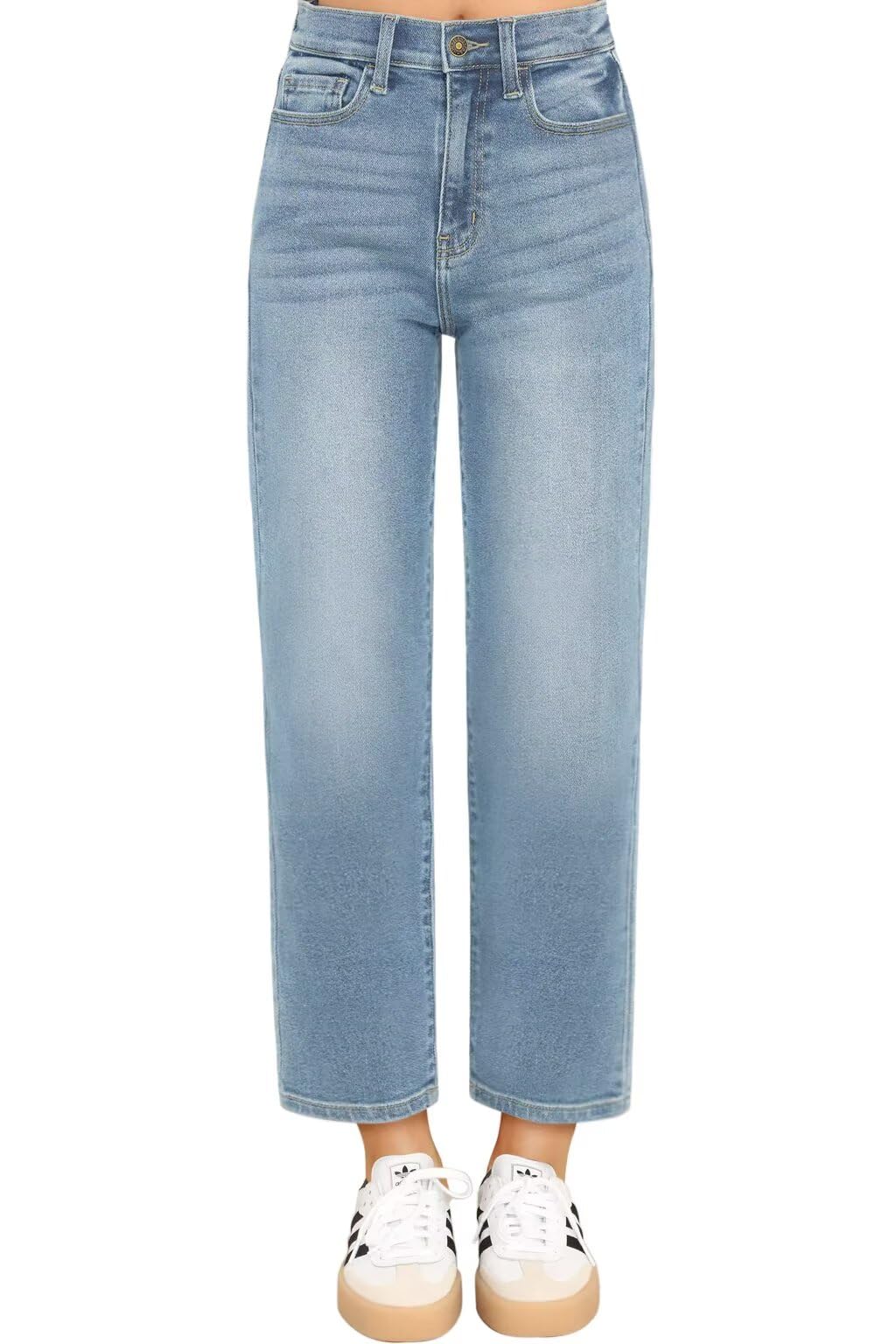 KDF Women's Cropped Straight Leg Jeans - High Waisted Jeans for Women 7/8 Length Denim Pants with Crop Hem