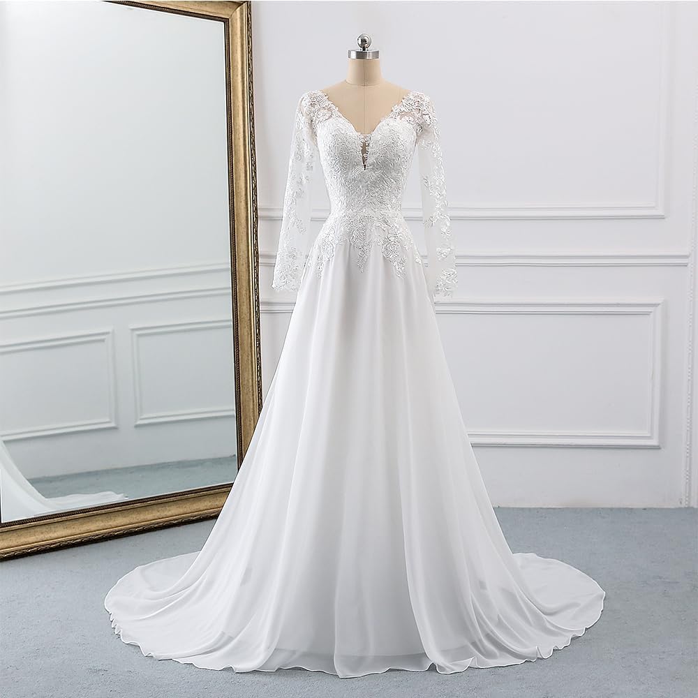 Findlovewedding Wedding Dresses for Bride with Lace Appliques Chiffon A Line Women Dress Long Sleeves Beach Bride Dress