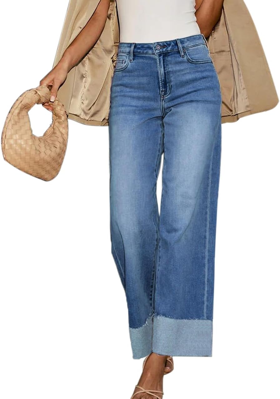 High Waisted Wide Leg Cuffed Jeans for Women Frayed Raw Hem 2026